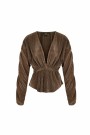 Blouse with rib structure and pleated sleeves Brown  thumbnail