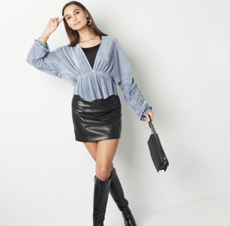 Blouse with rib structure and pleated sleeves Blue Small