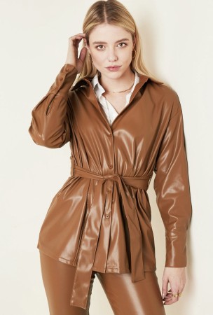 Faux leather jacket with belt Brown